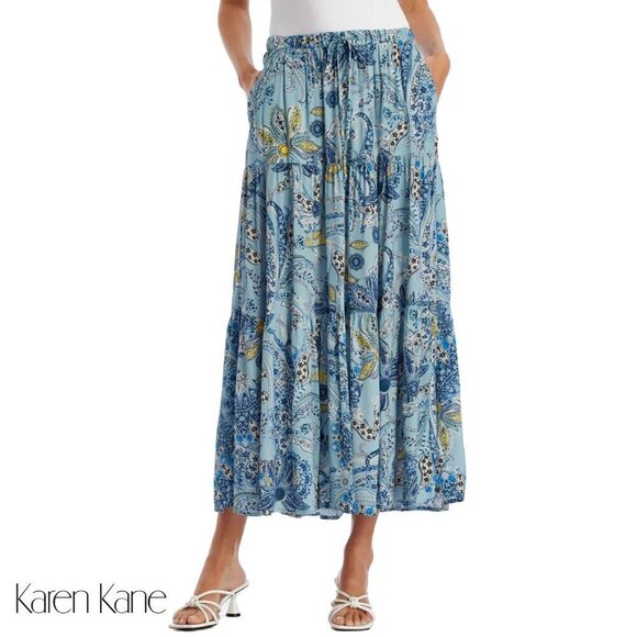 NWT KAREN KANE Boho Floral Paisley Print Side Pockets Tiered Midi Skirt - Picture 1 of 8